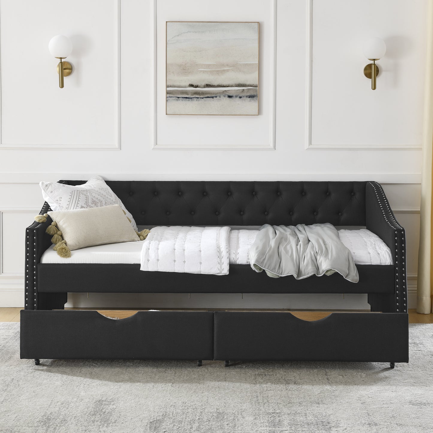 upholstered tufted sofa bed with drawers in black