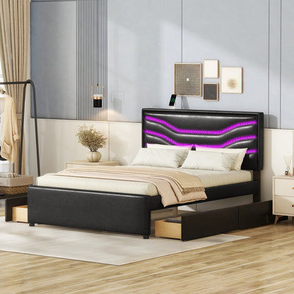 Retro Upholstered Storage Platform Bed with LED, 4 Drawers and USB Charging, Black
