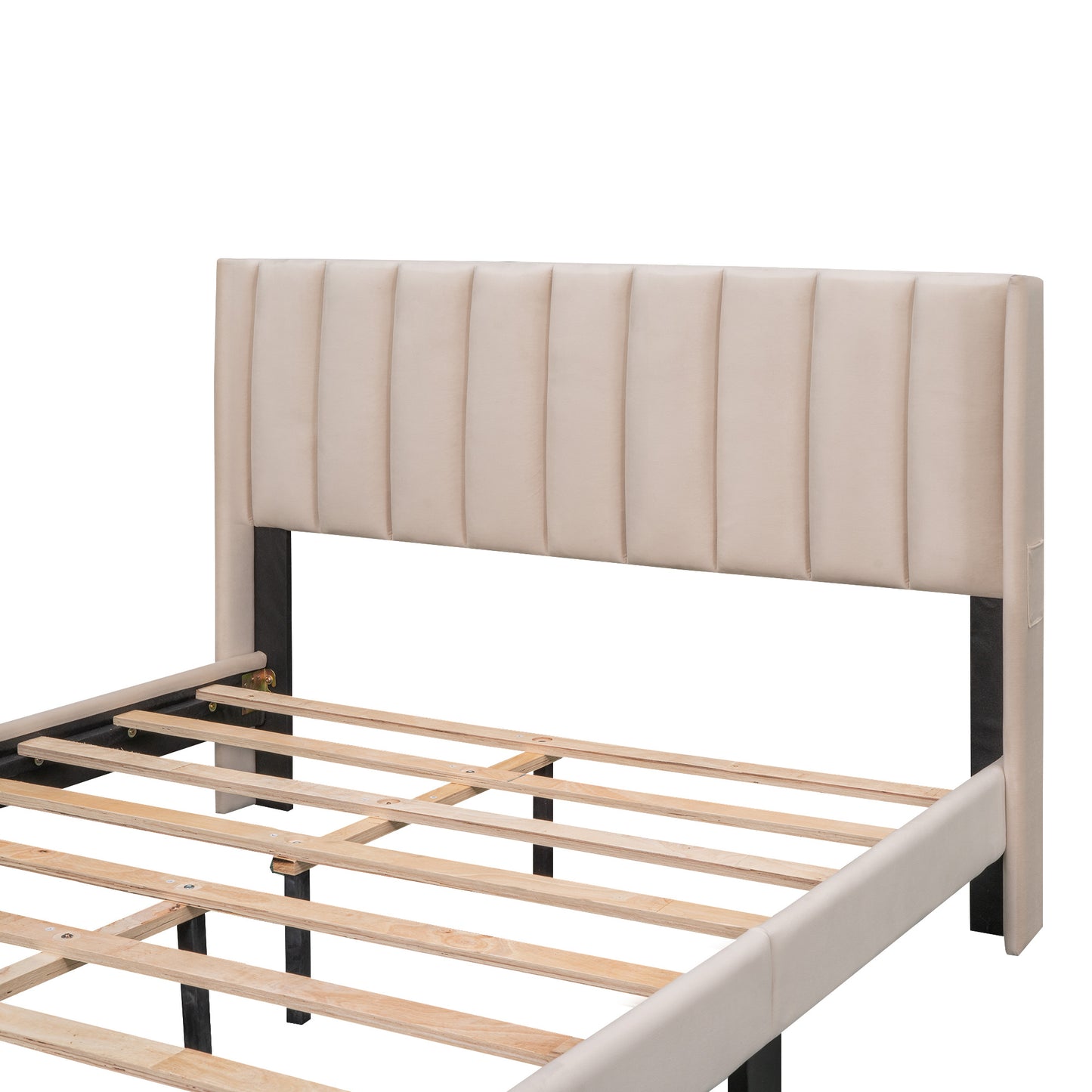 velvet upholstered platform bed with a big drawer
