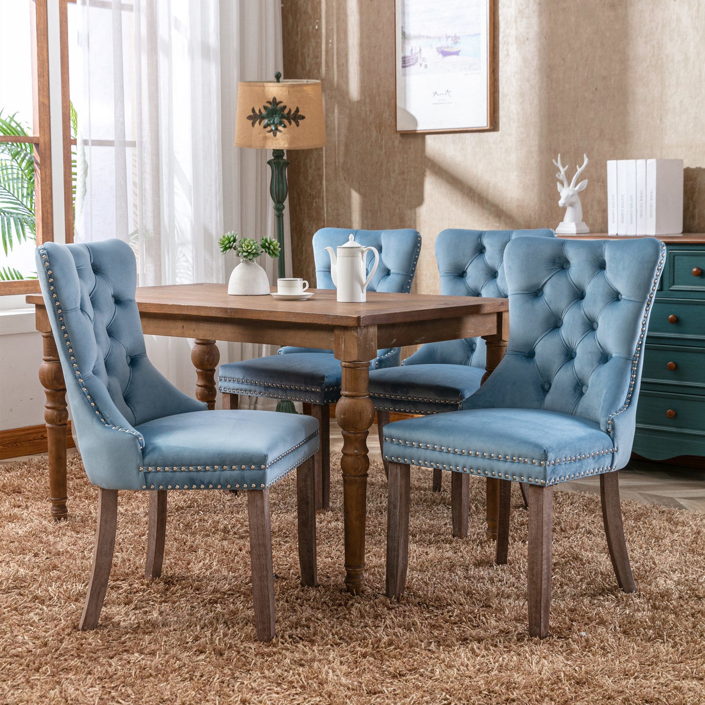 nikki collection modern high-end tufted dining chairs 2-pcs set, light blue