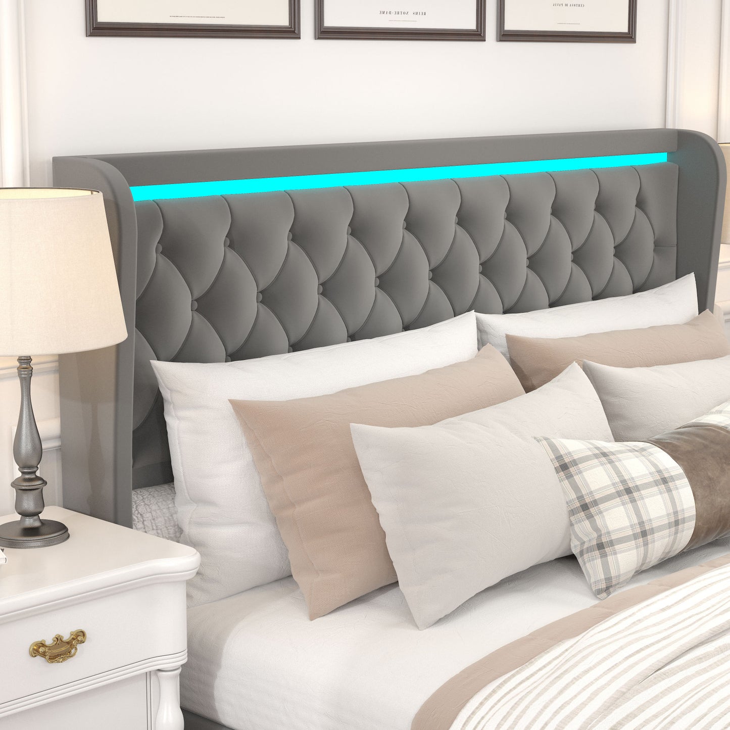 velvet upholstered bed with adjustable colorful led light decorative headboard