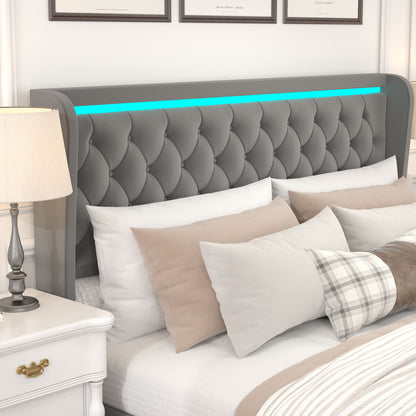 Velvet Upholstered Bed with Adjustable Colorful LED Light Decorative Headboard
