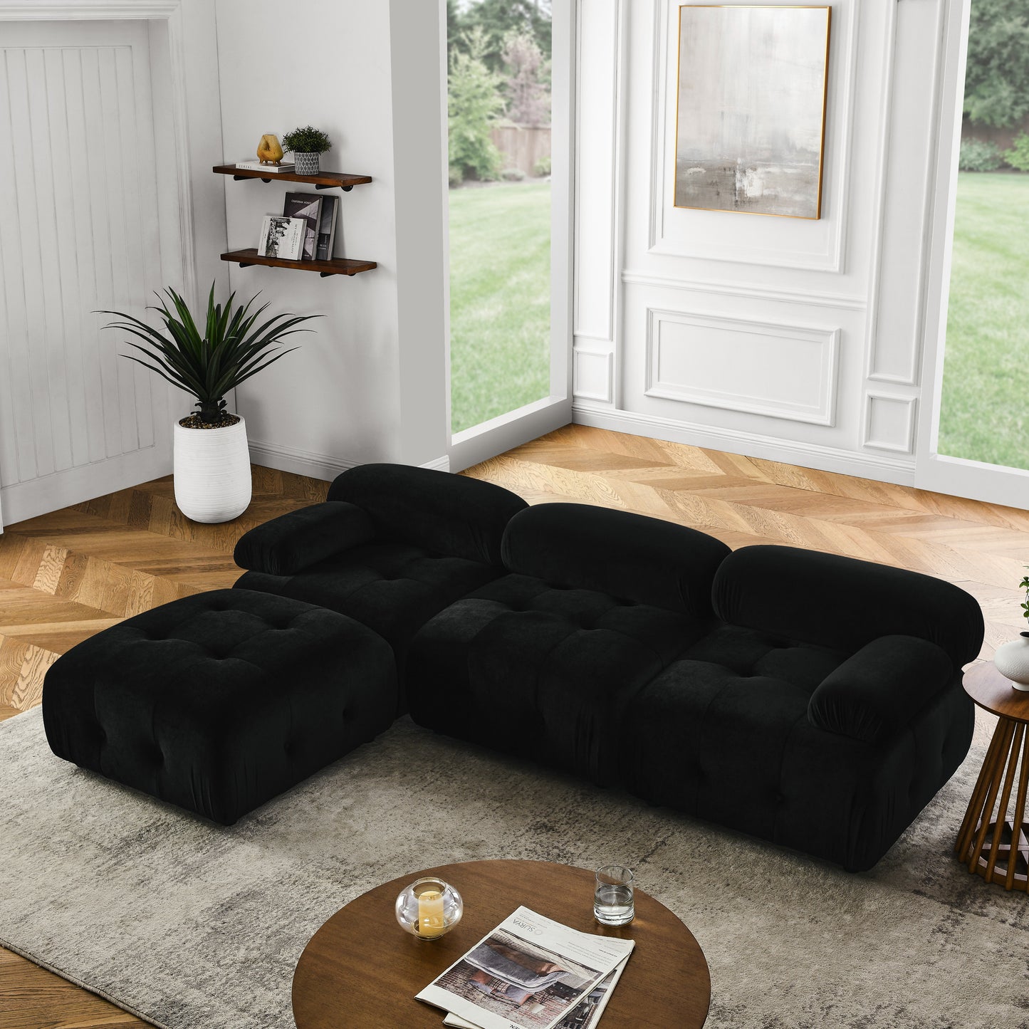 button tufted modular sectional sofa, black velvet