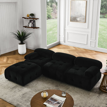 Button Tufted Modular Sectional Sofa, Black Velvet