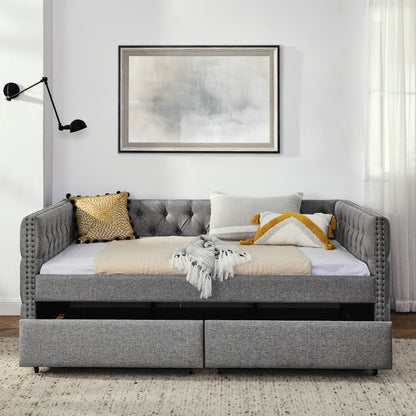 Upholstered Full Size Bed with Two Drawers, Grey