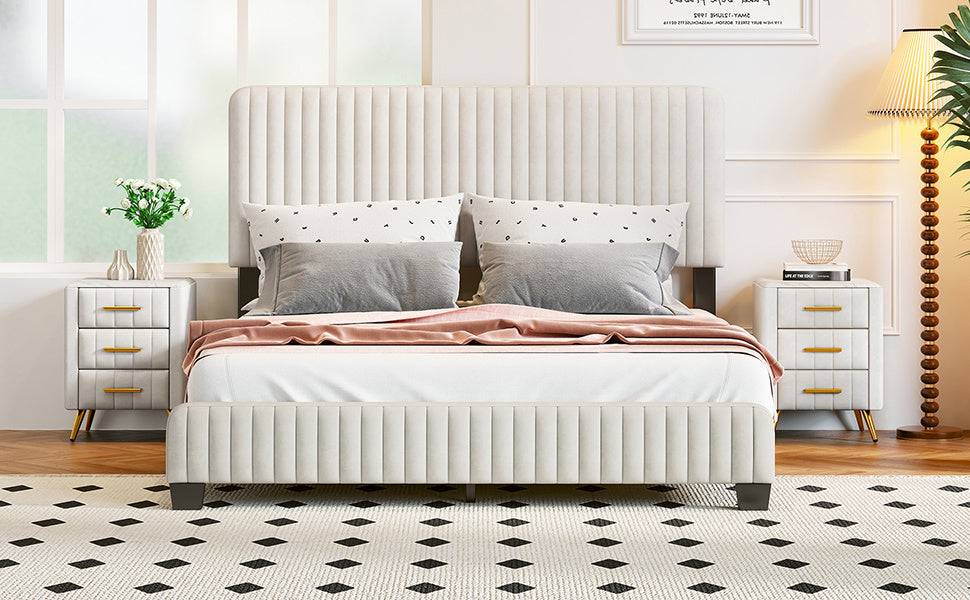 queen size upholstered platform bed, beige