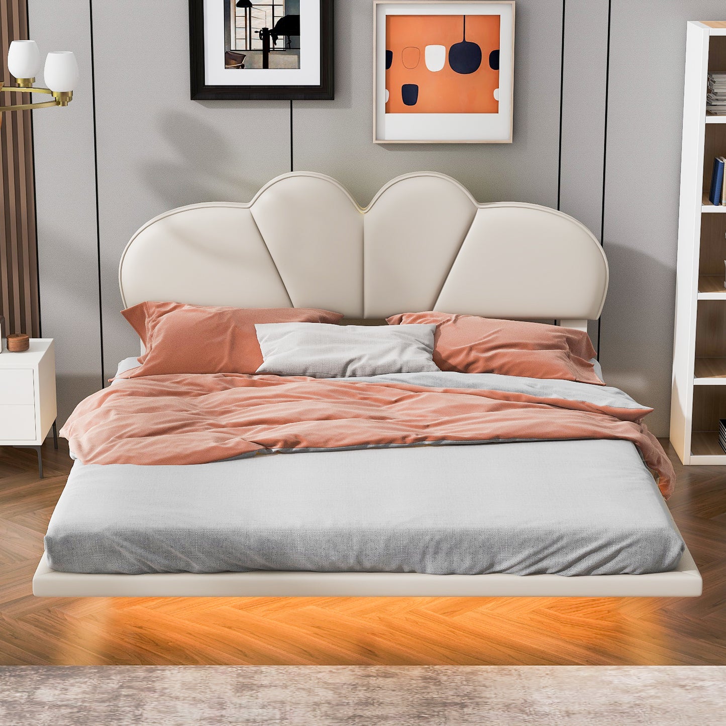 upholstery led floating bed with pu leather headboard