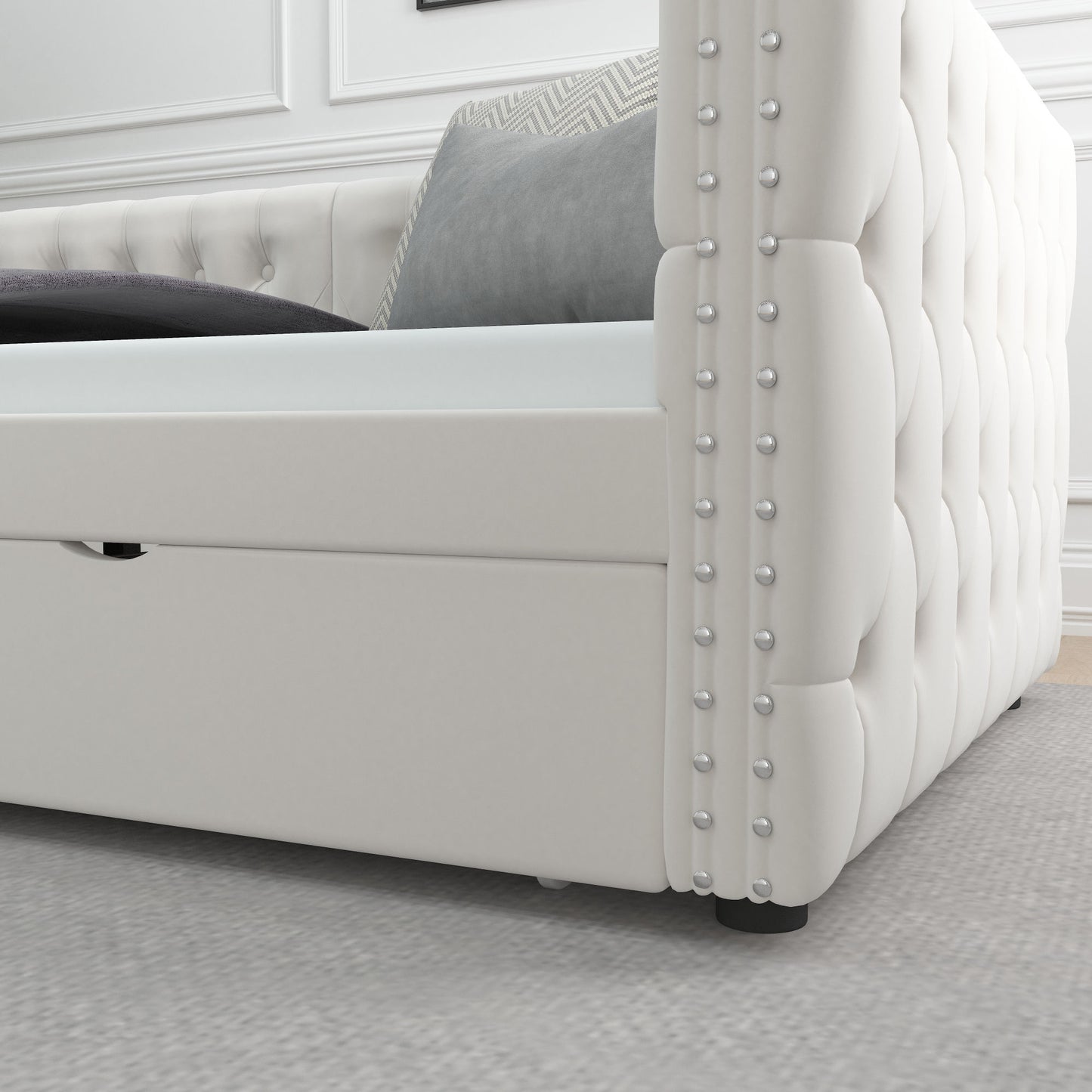 velvet upholstered tufted bed with drawers, white
