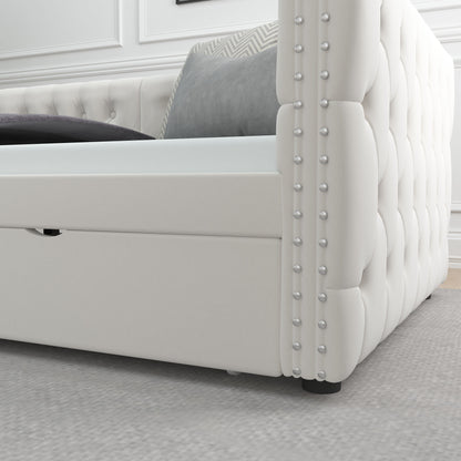 Velvet Upholstered Tufted Bed with Drawers, White