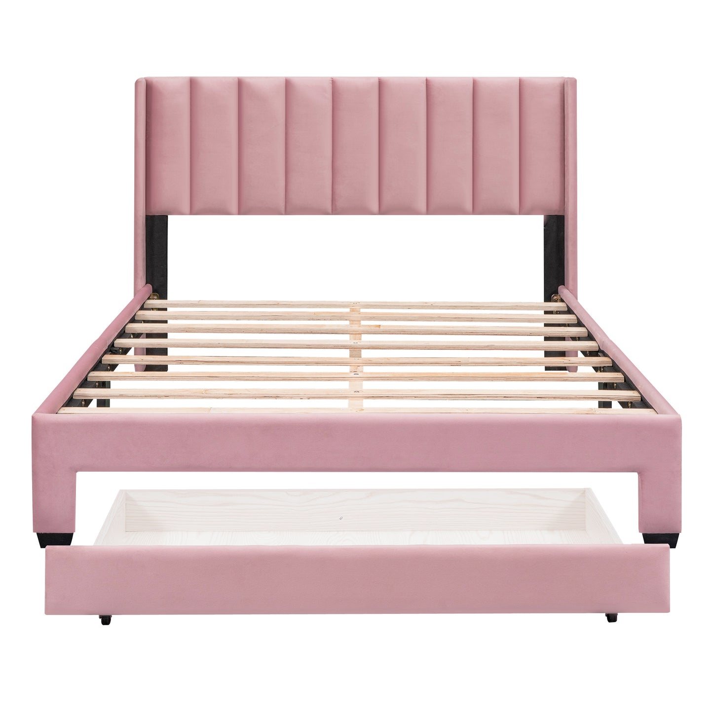 queen size storage bed velvet upholstered platform bed with a big drawer - beige