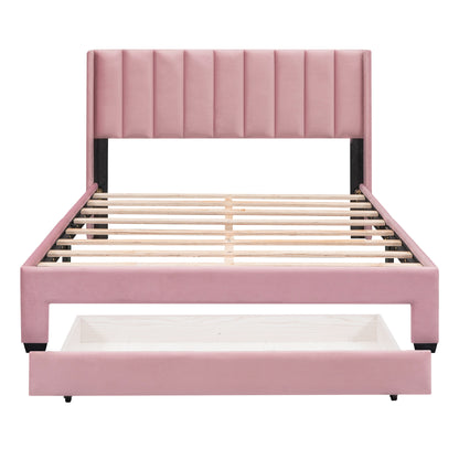 Queen Size Storage Bed Velvet Upholstered Platform Bed with a Big Drawer - Beige