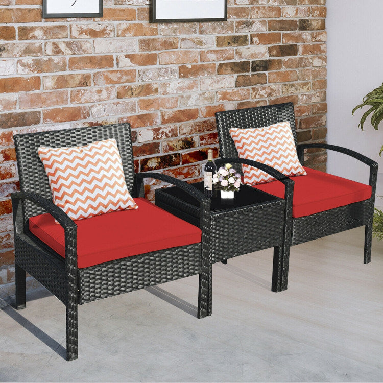 3 pieces outdoor rattan patio conversation set with seat cushions
