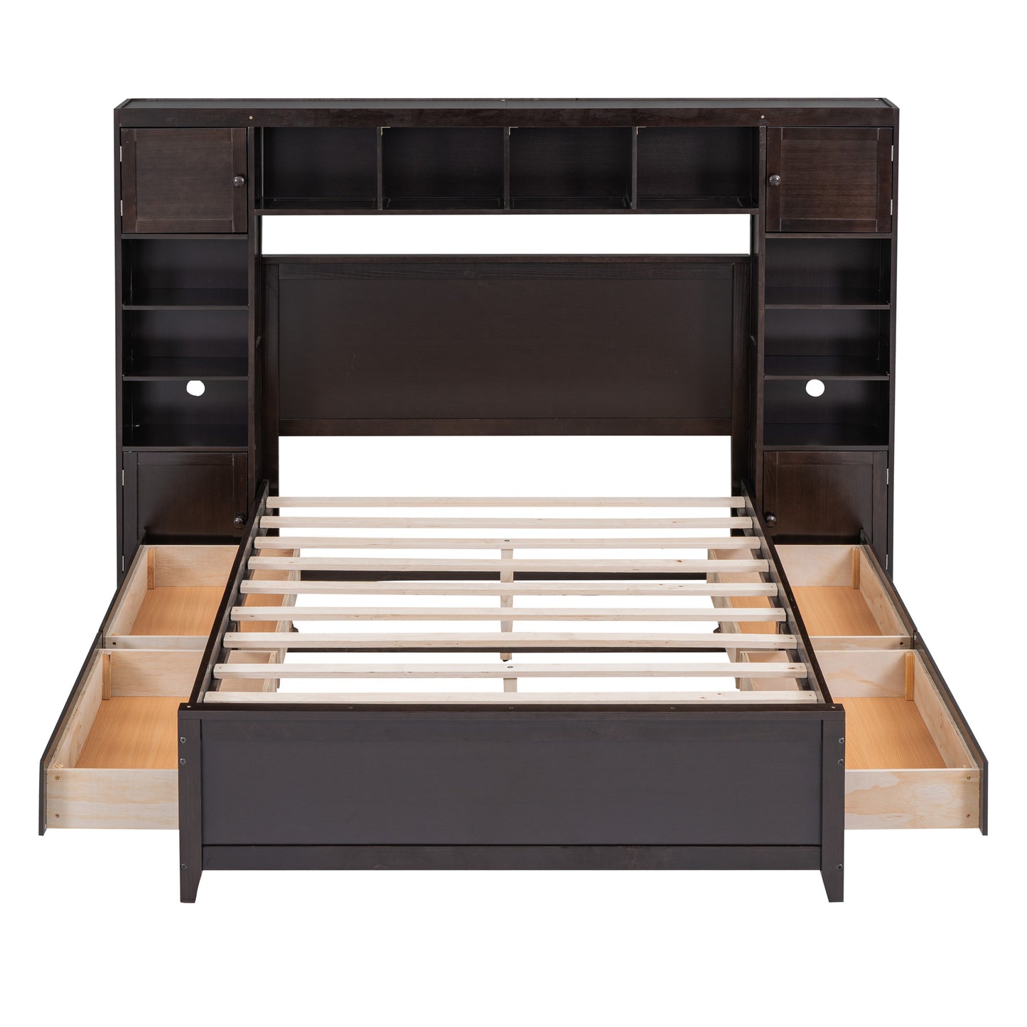 wooden bed with all-in-one cabinet and shelf