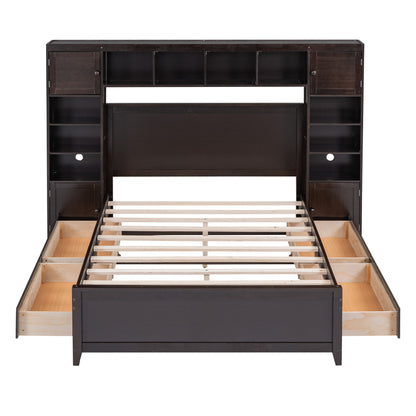 Wooden Bed With All-in-One Cabinet and Shelf