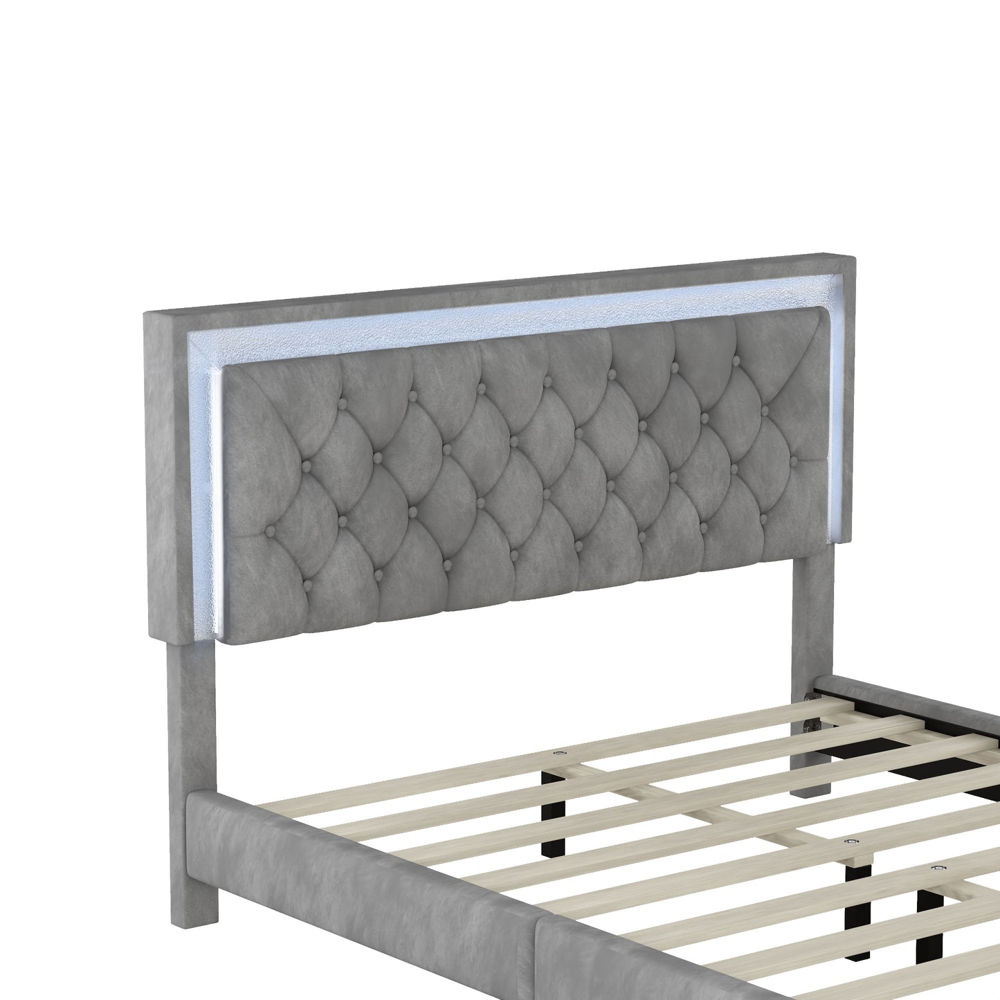 3-pieces upholstered platform bed with led lights and two nightstands-gray