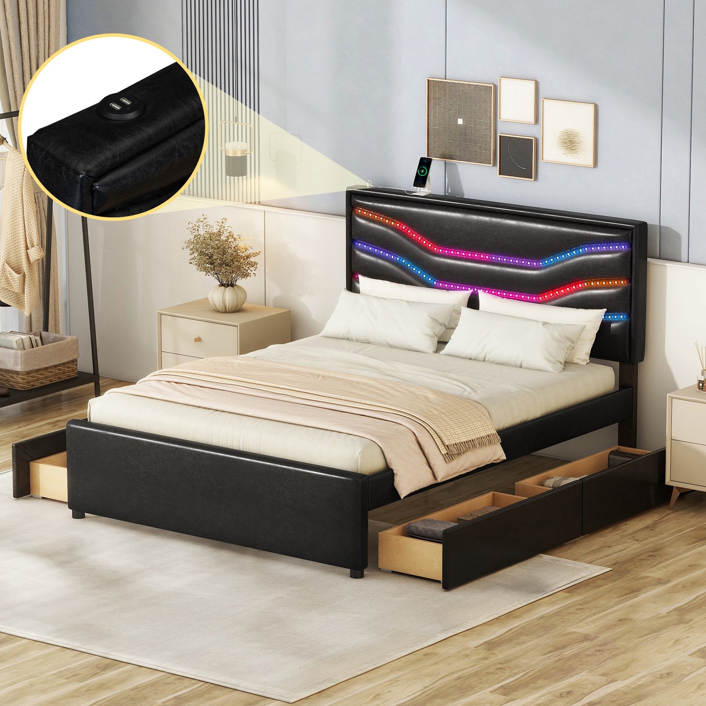 retro upholstered storage platform bed with led, 4 drawers and usb charging, black