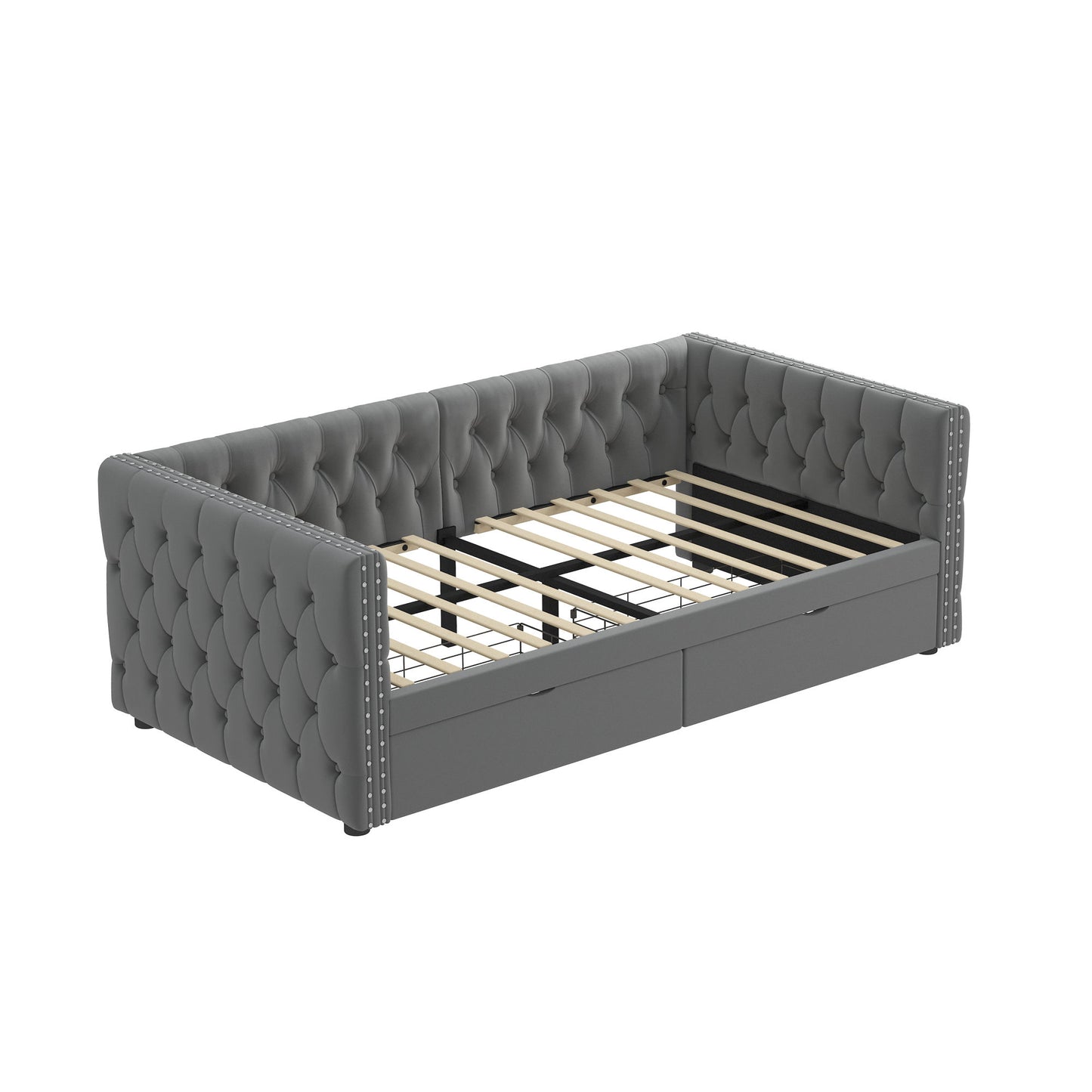 velvet upholstered tufted bed with drawers, grey