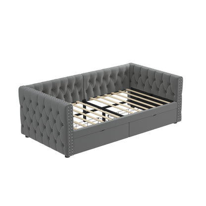 Velvet Upholstered Tufted Bed with Drawers, Grey