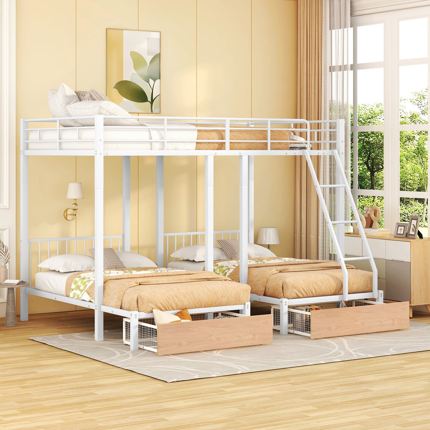 full over twin & twin bunk bed with drawers and guardrails, white