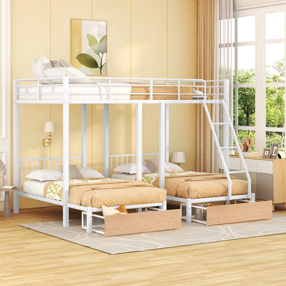 Full Over Twin & Twin Bunk Bed with Drawers and Guardrails, White