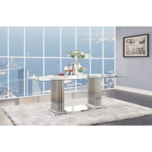 ACME Cyrene Dining Table in Stainless Steel & Clear Glass
