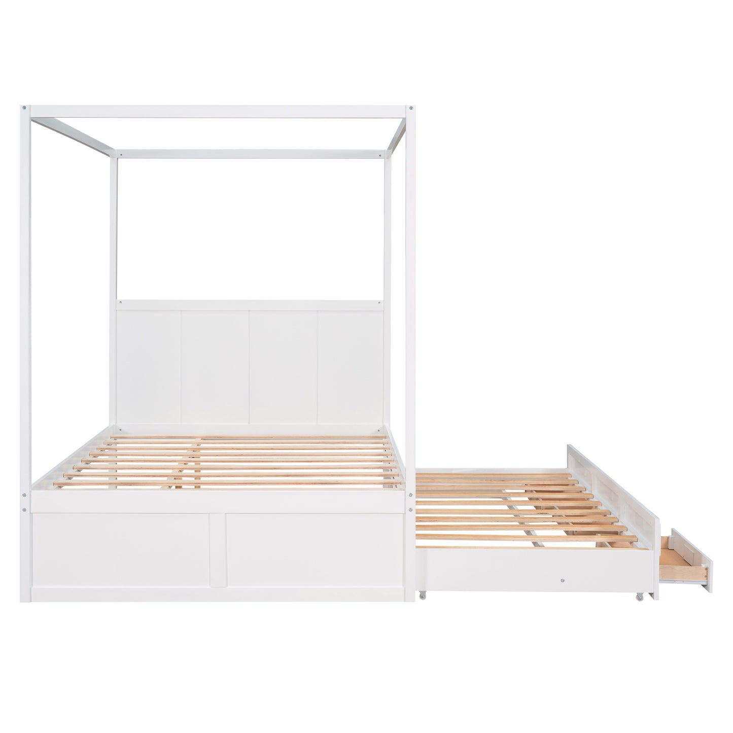 queen size canopy platform bed with twin size trundle and three storage drawers,white