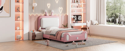 Upholstered Rabbit-Shape Princess Bed, White+Pink