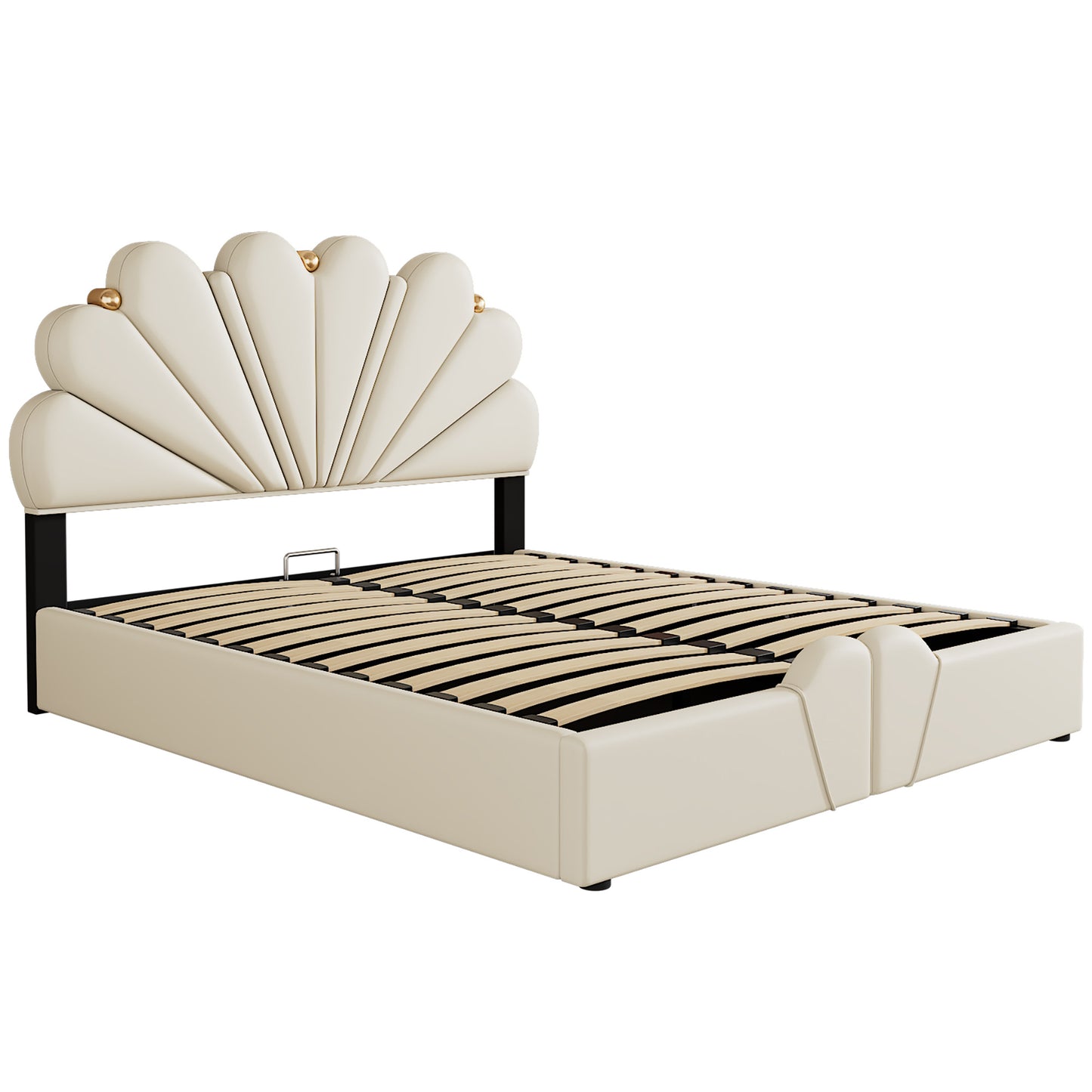 upholstered petal shaped platform bed with hydraulic storage system, pu storage bed, beige