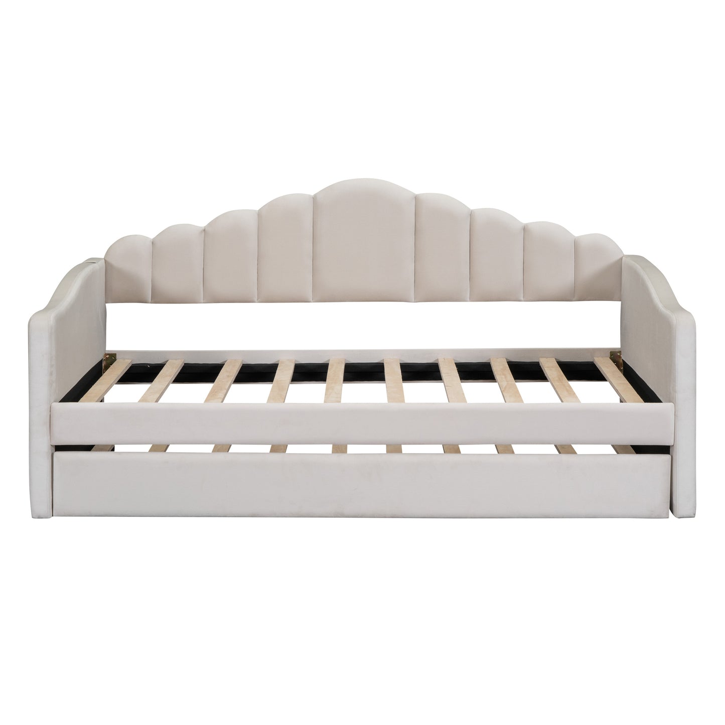 upholstered velvet bed with usb charging ports, beige