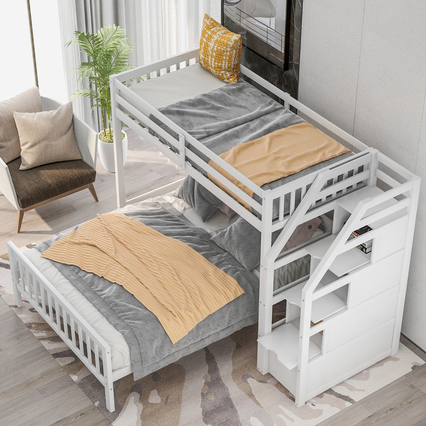 twin over full loft bed with staircase,gray