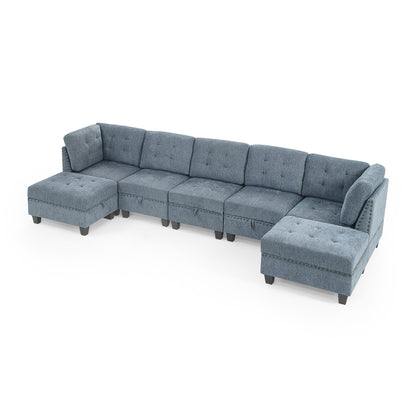 L shape Modular Sectional Sofa includes 2 Ottomans, Navy Blue