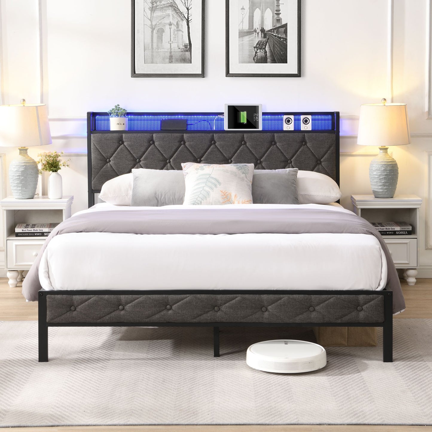 queen bed frame with storage headboard, charging station and led lights,dark gray