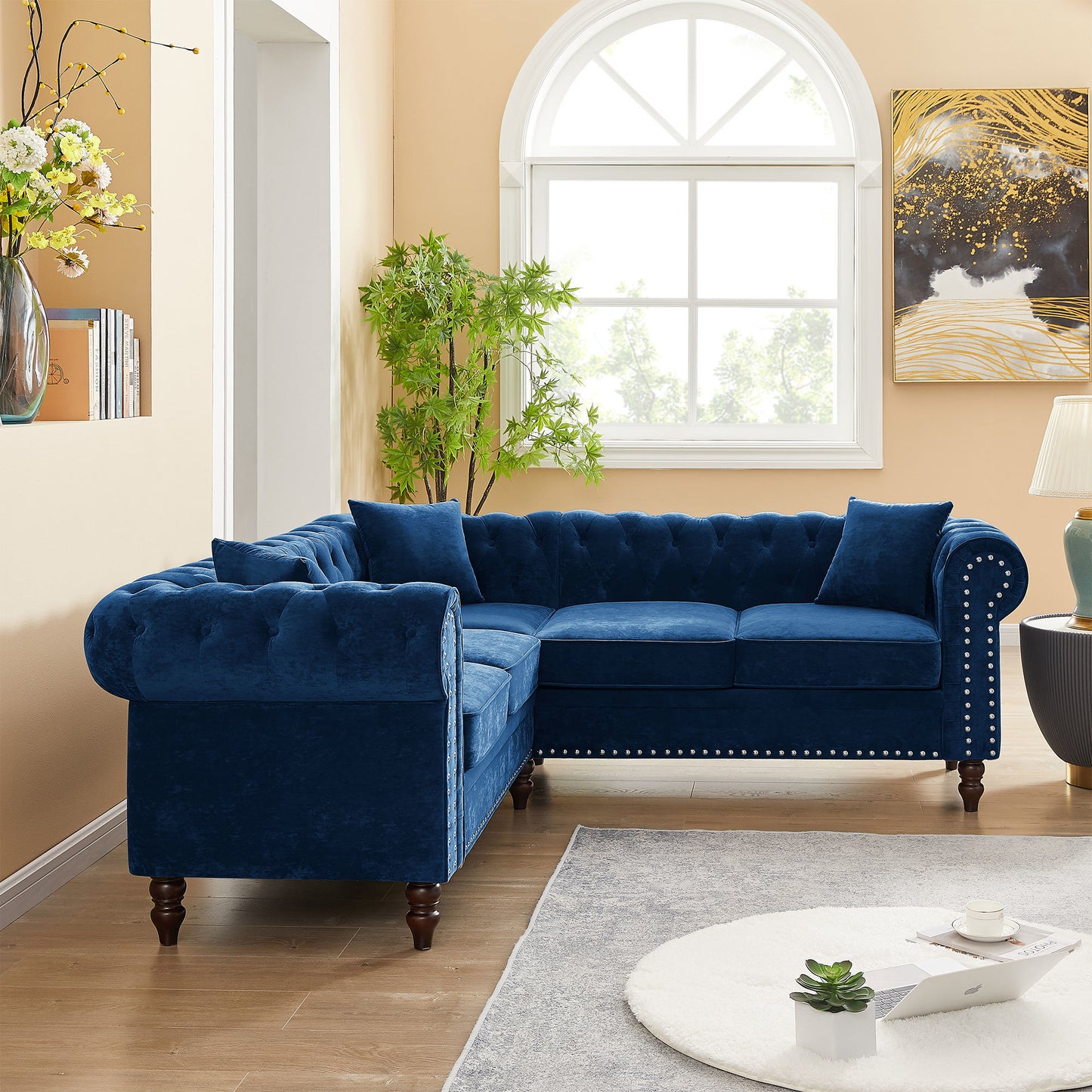 luxury classic chesterfield l-shaped sofa 3 pillows included, blue velvet