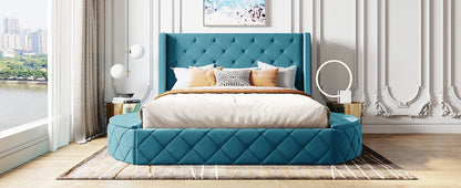Upholstered Platform Storage Velvet Bed with Wingback Headboard, Blue
