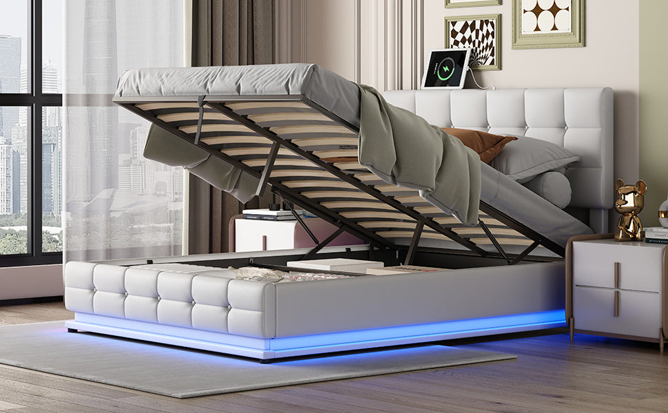 tufted upholstered platform bed with hydraulic storage system, led lights, and usb charger, black