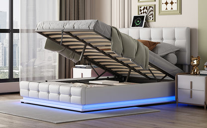 Tufted Upholstered Platform Bed with Hydraulic Storage System, LED Lights, and USB charger, Black