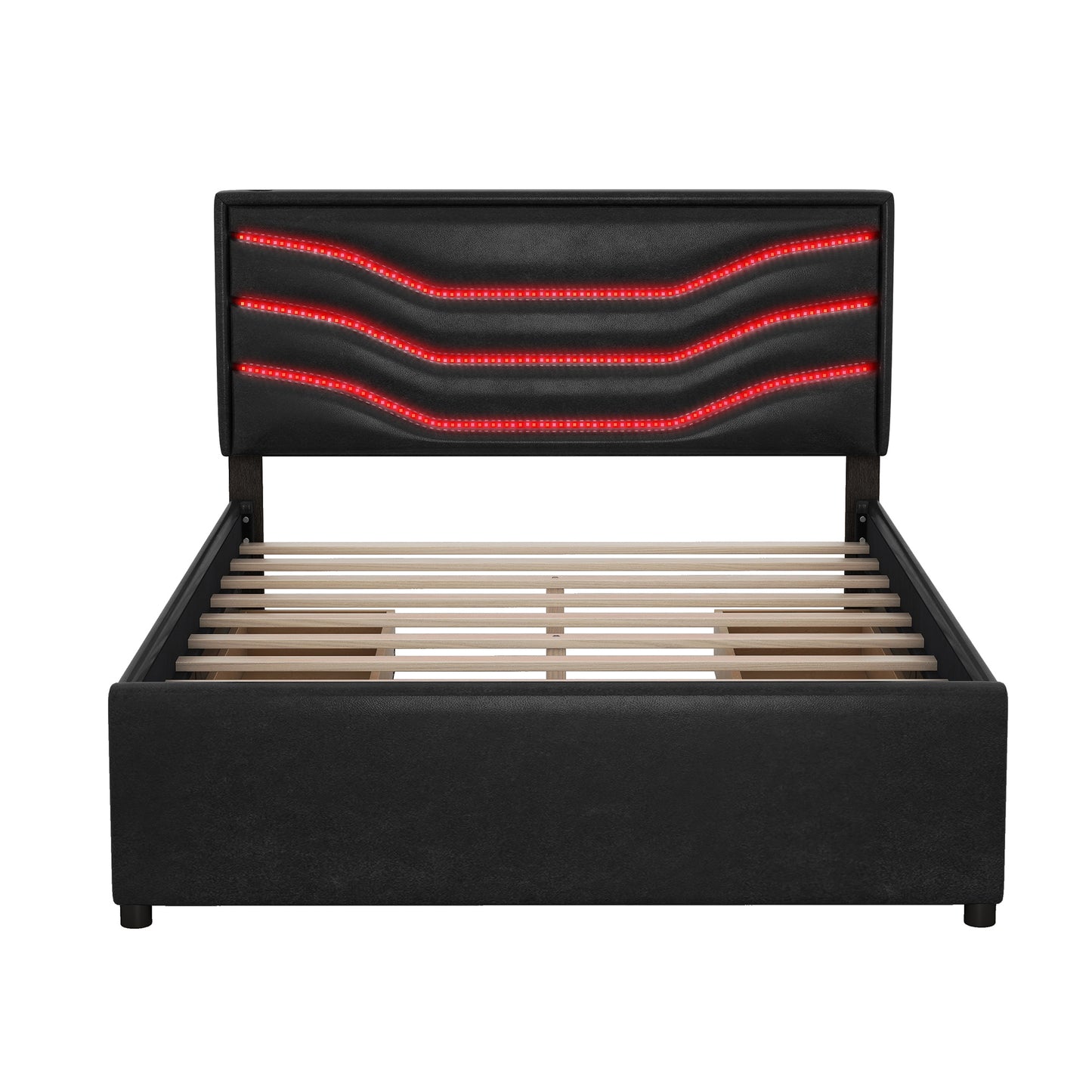 retro upholstered storage platform bed with led, 4 drawers and usb charging, black