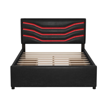 Retro Upholstered Storage Platform Bed with LED, 4 Drawers and USB Charging, Black