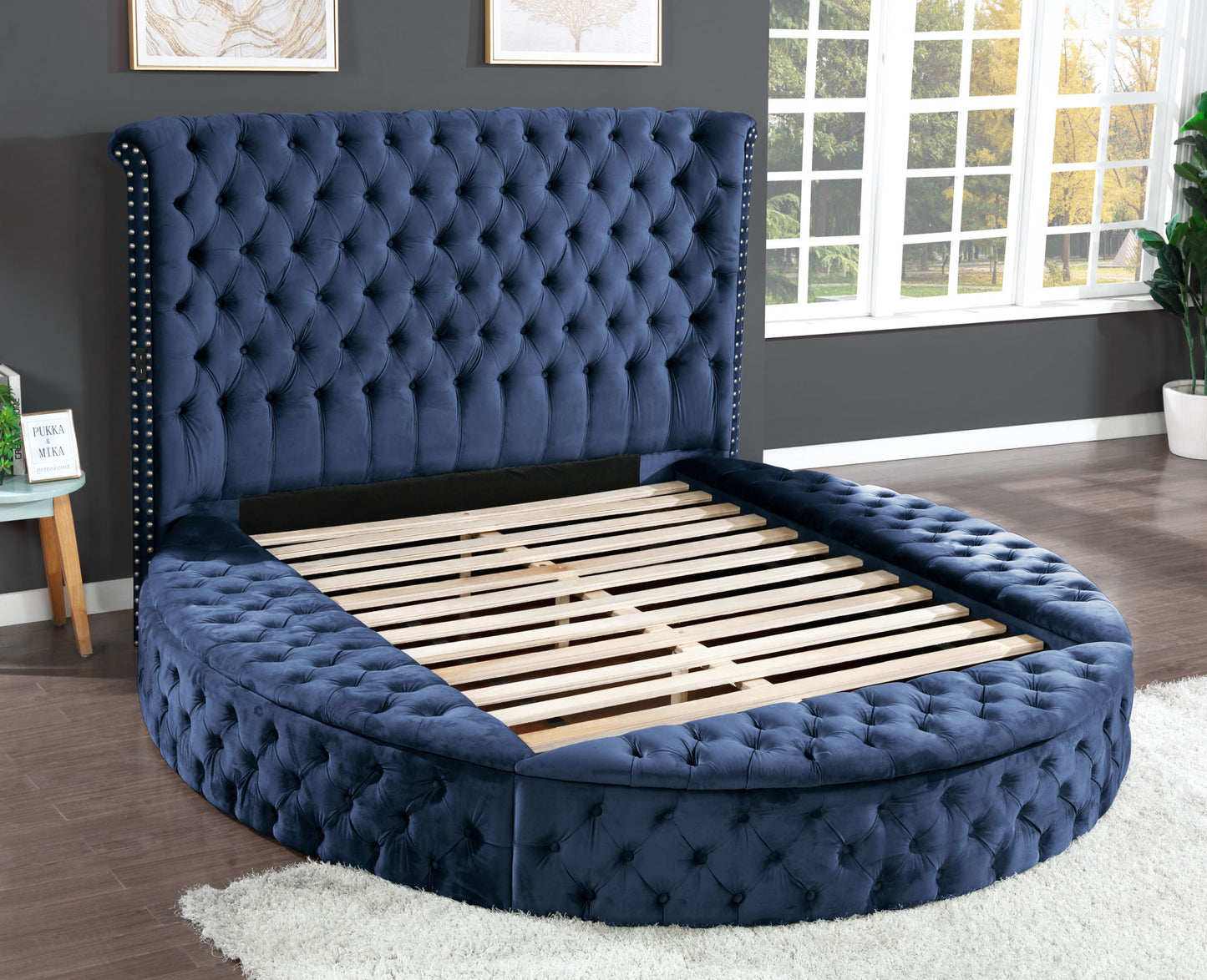 hazel queen size tufted storage bed made with wood in blue