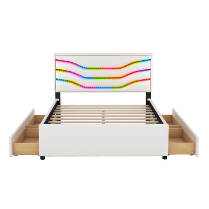 Retro Upholstered Storage Platform Bed with LED, 4 Drawers and USB Charging, White