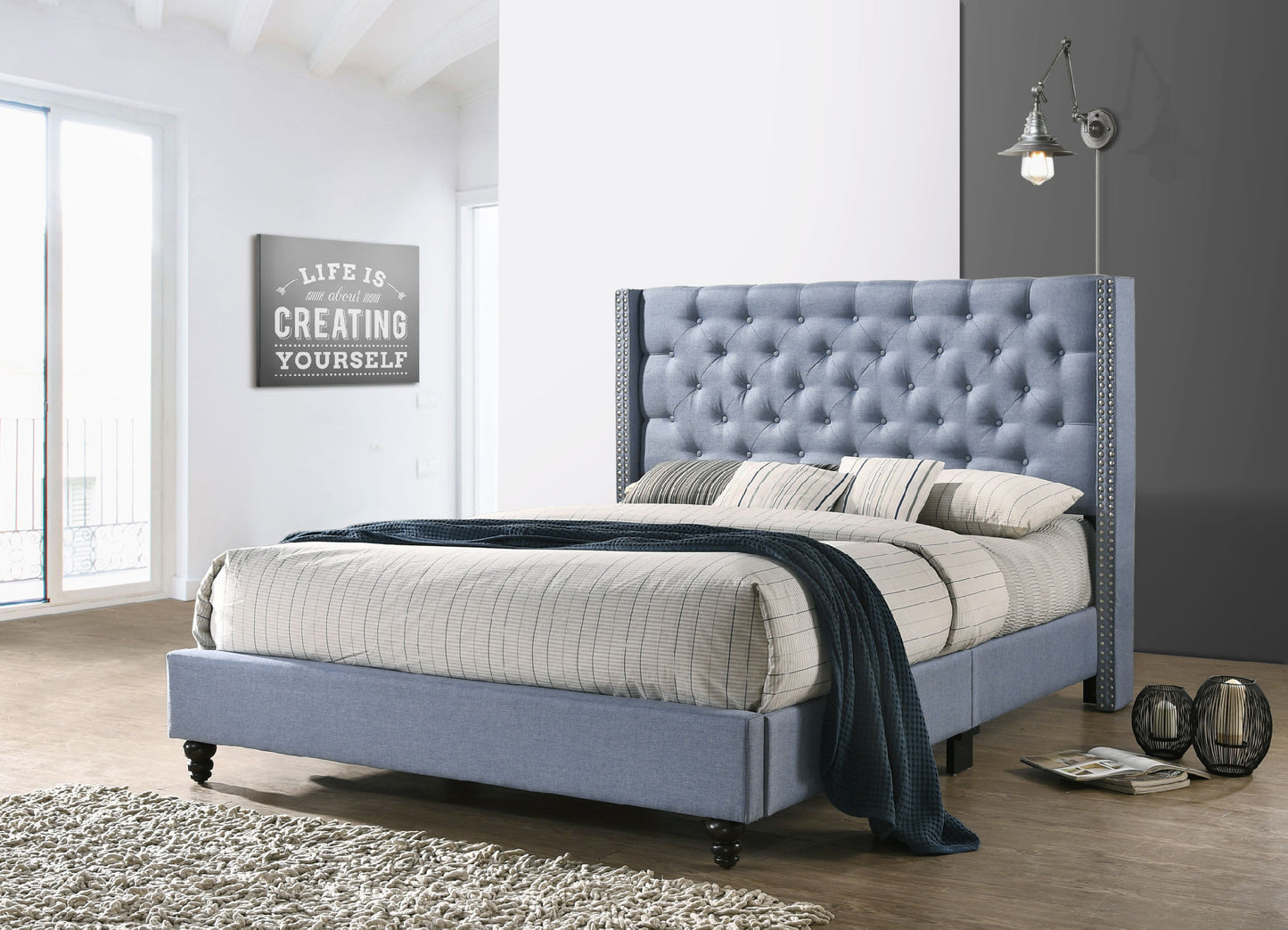julie queen upholstered bed , blue