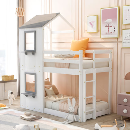 Twin Over Twin Bunk Bed Wood Bed with Roof, Window, Guardrail, and Ladder