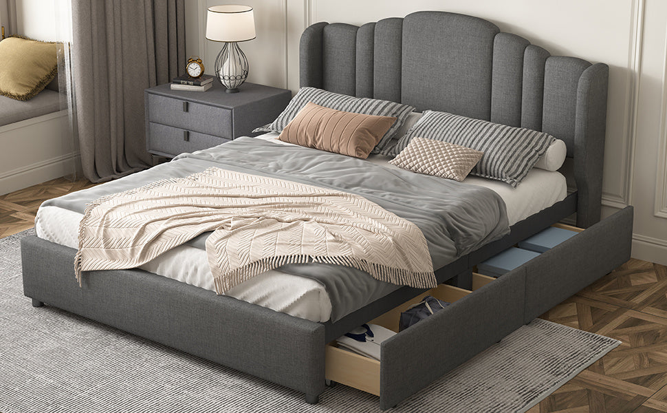 mie upholstered platform bed with wingback headboard and 4 drawers