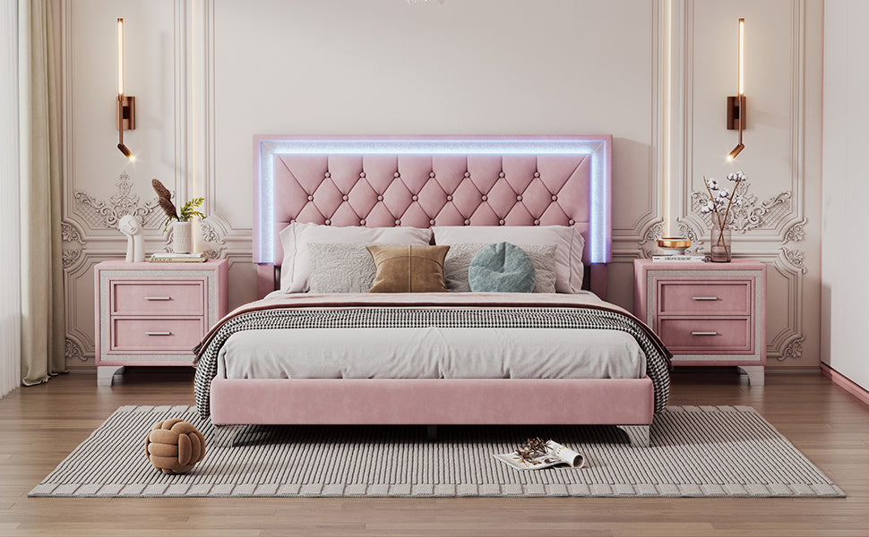 upholstered velvet bed frame with led lights, pink
