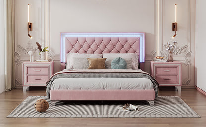 Upholstered Velvet Bed Frame with LED Lights, Pink
