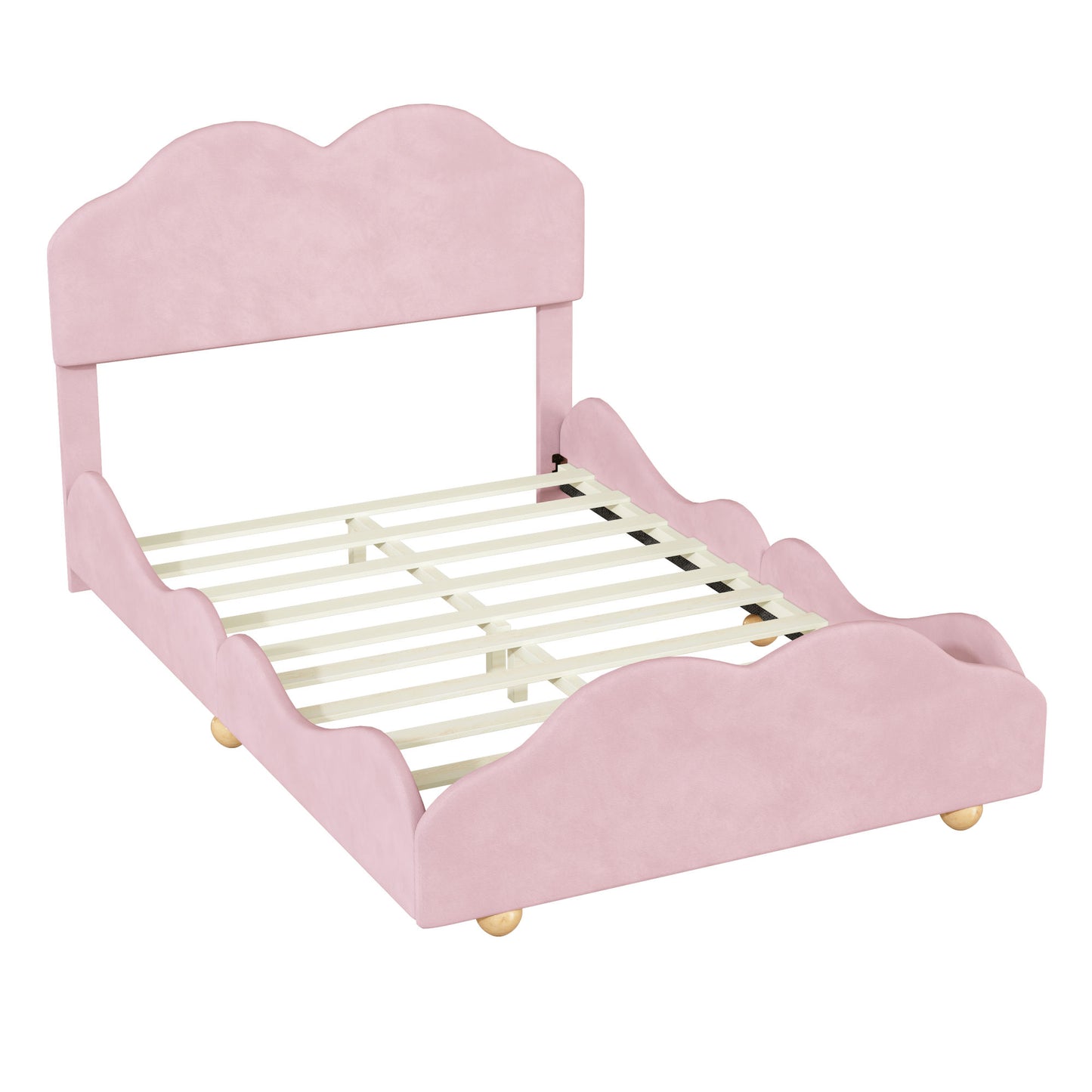 upholstered bed with cloud shaped bed board, light pink