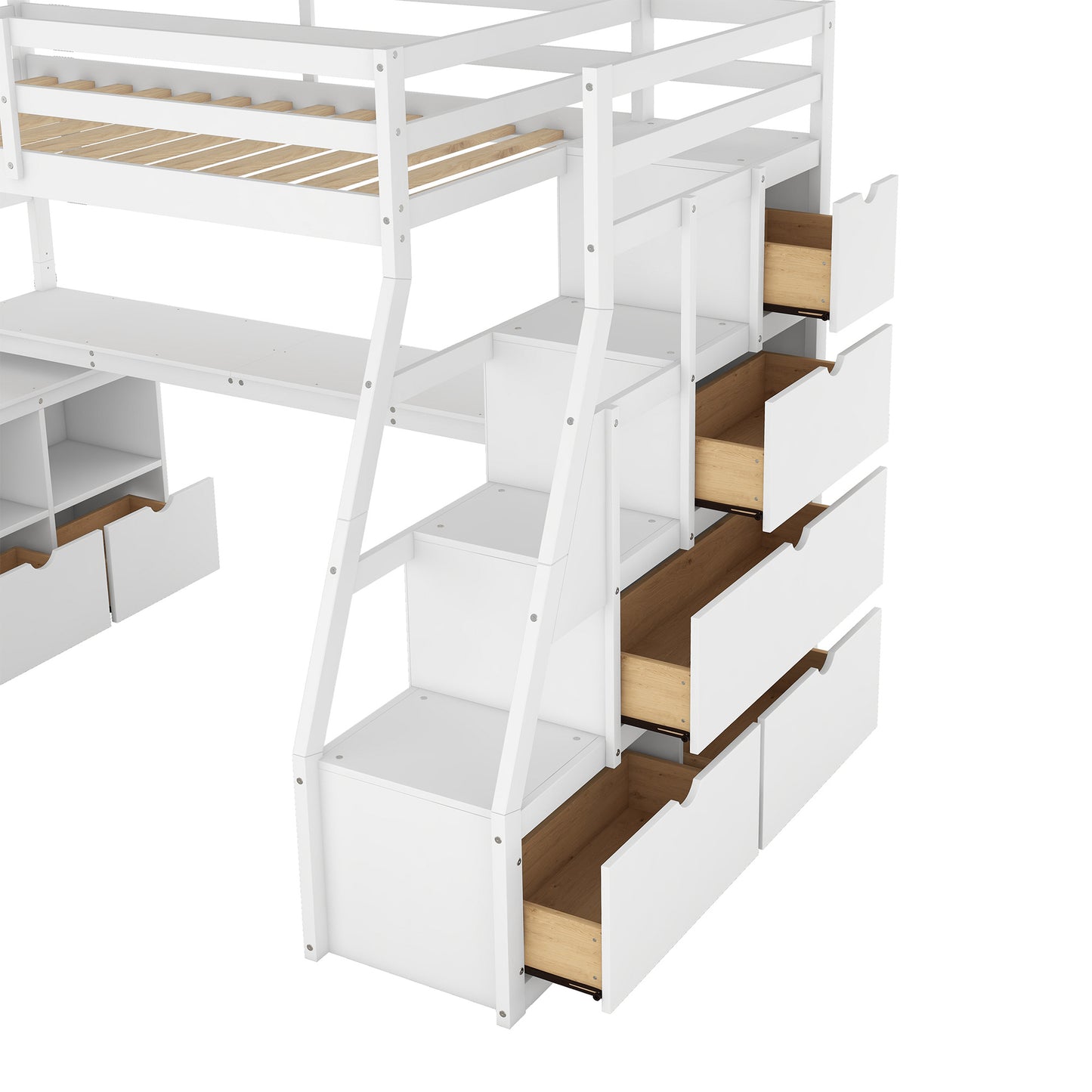 twin size loft bed with 7 drawers 2 shelves and desk - white