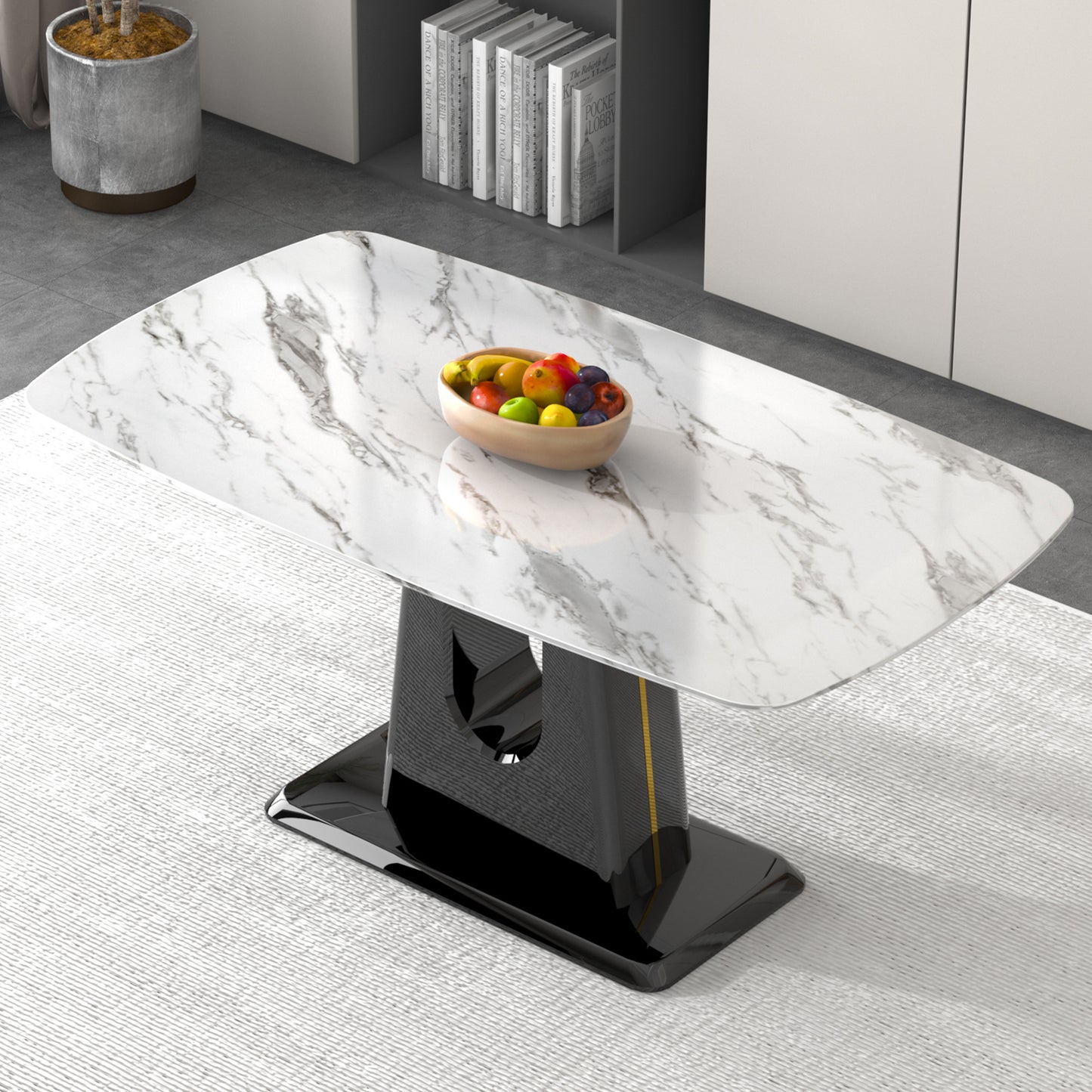a modern, minimalist, and luxurious dining table with a white imitation marble tabletop and mdf legs with u-shaped brackets. tables in restaurants and living rooms 63"*35.4"*30 f-u