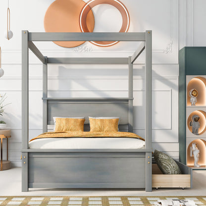 Wood Canopy Bed with two Drawers, Grey