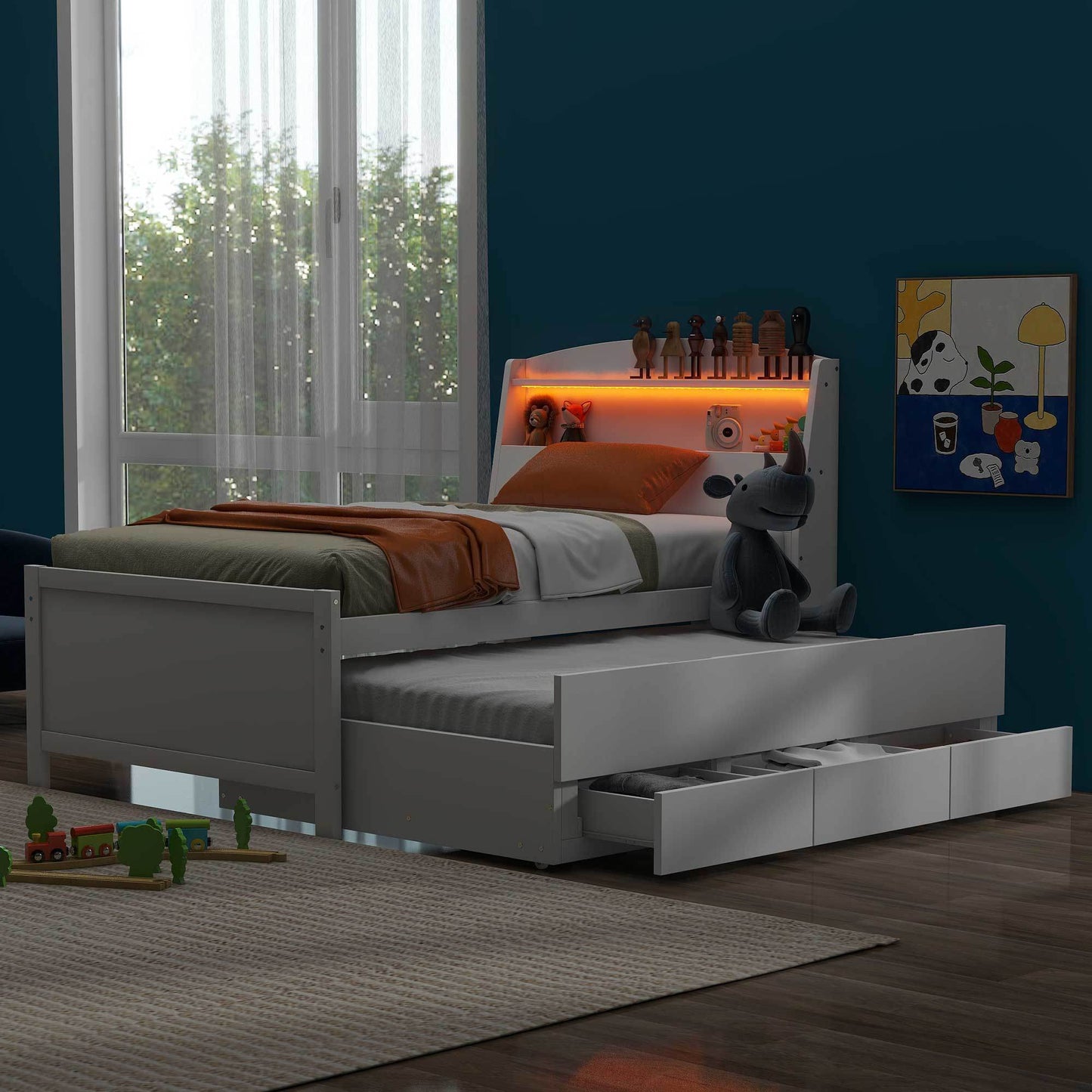 platform bed with storage led headboard, twin size trundle and 3 drawers, white